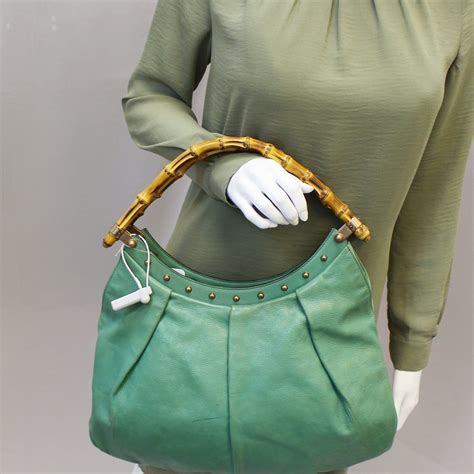 authentic gucci green leather bamboo handle bag|Gucci bamboo bag 2022.